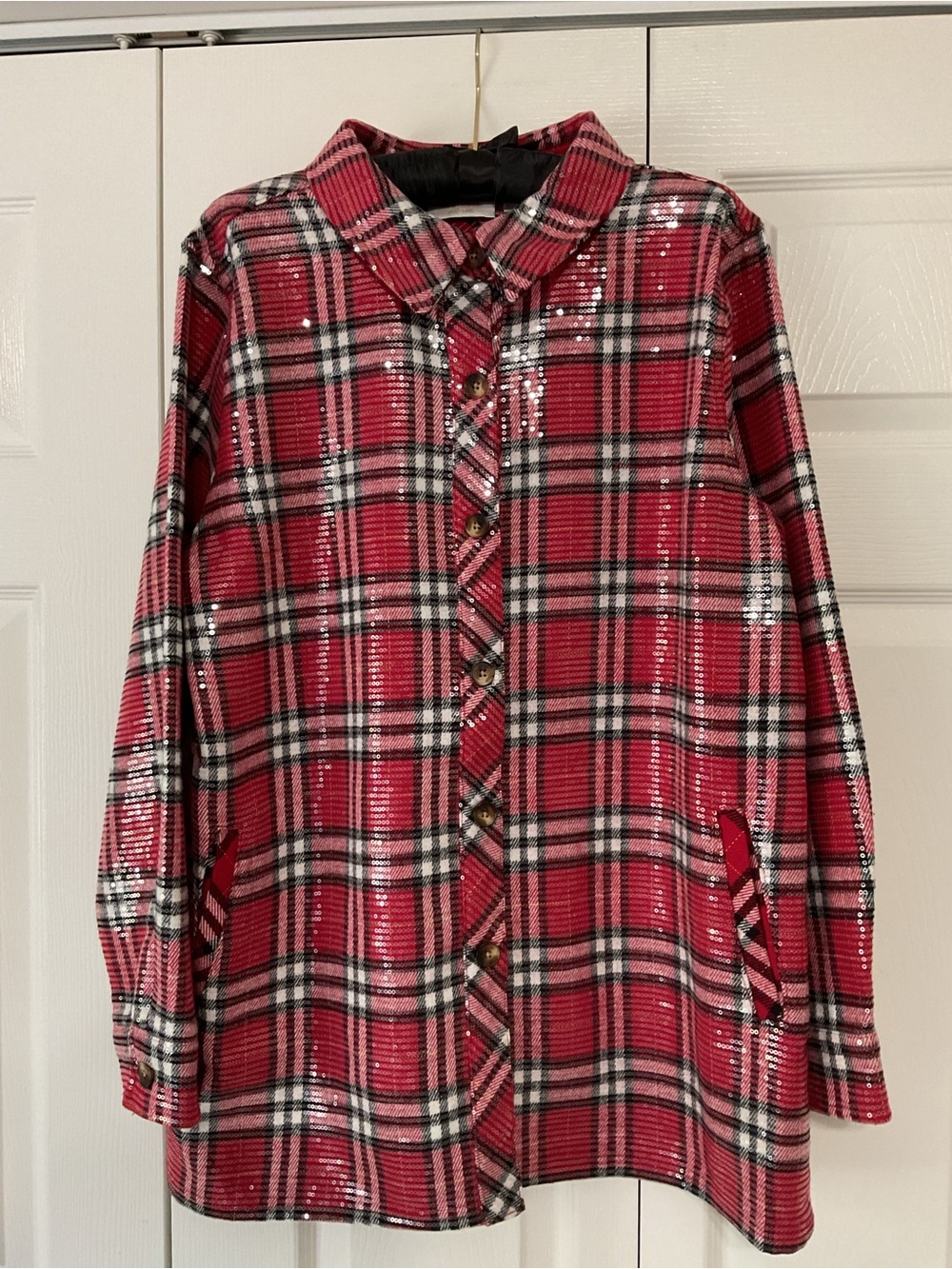 Kim Gravel Jingle Bell Collection ' Red Plaid Sequin Button-Up Top Shacket.